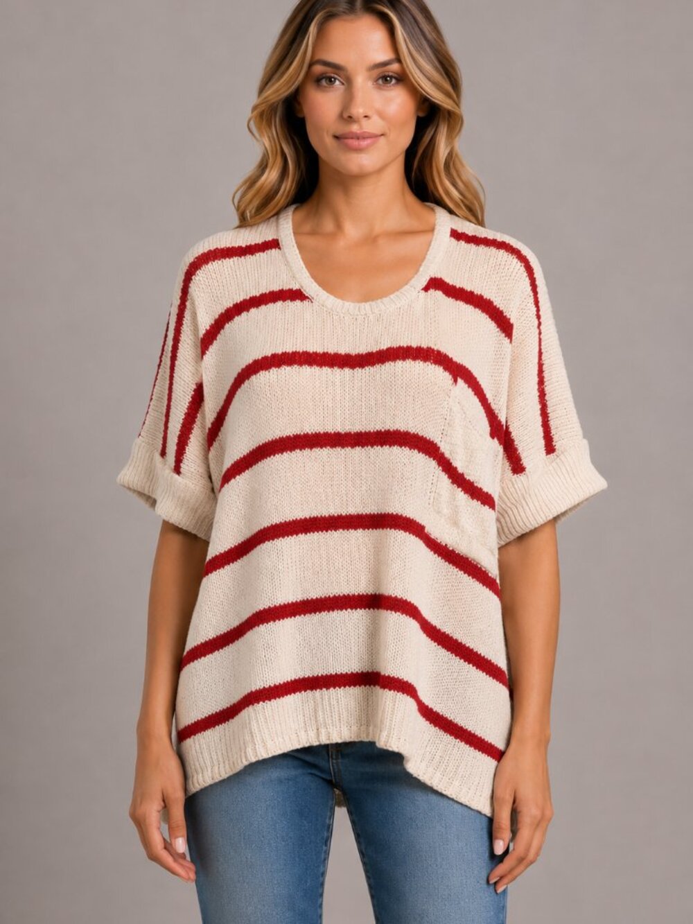 Ces Femme Size S Oversized Red White Striped Knit Short Sleeve Sweater Top